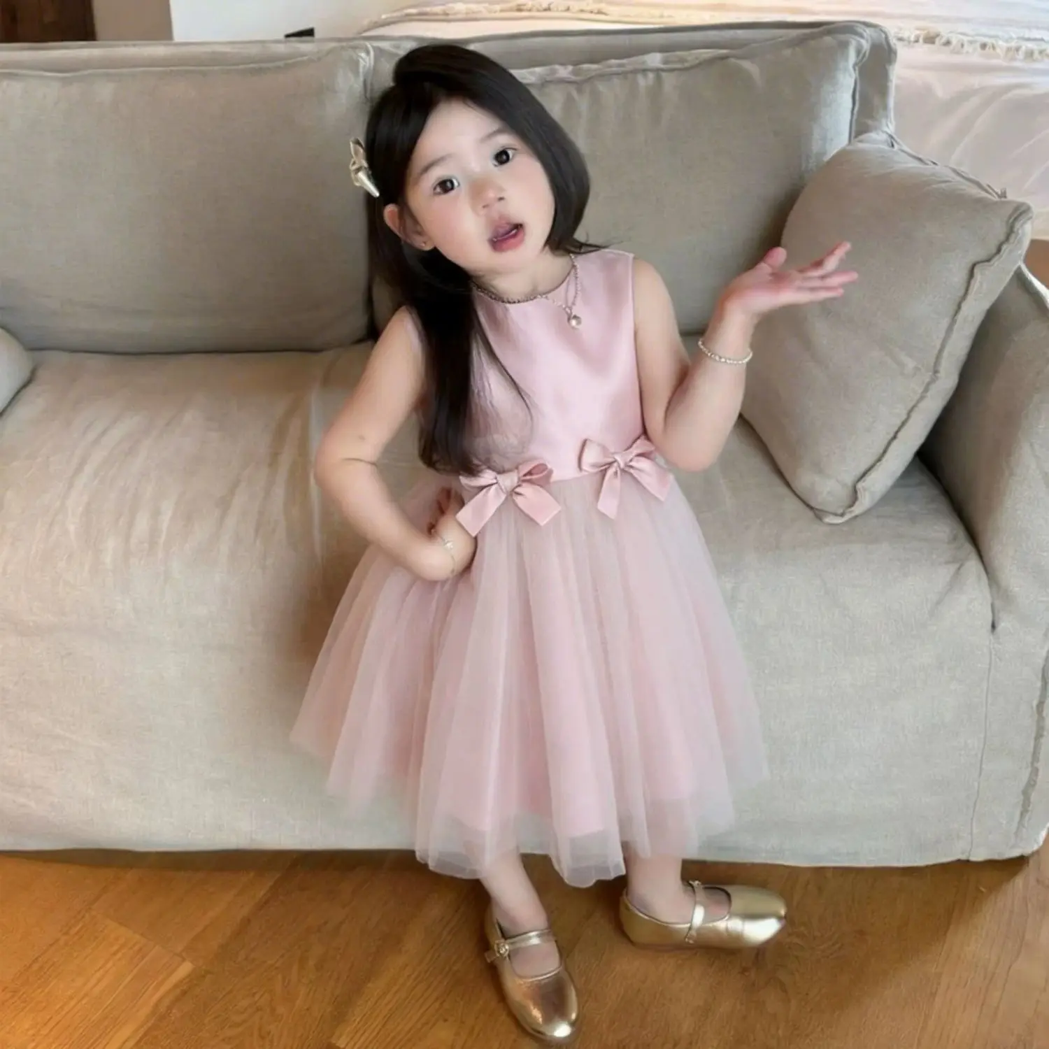 Toddler Baby Girls Pink Sleeveless Dress, Satin Bodice with Bows & Fluffy Tulle Skirt Princess Style Party Gown for Little Girls