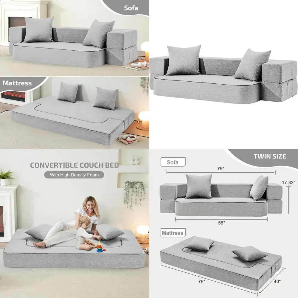 

Раскладной диван-кровать с подушками - кресло-кровать для гостиной/комнаты для гостей, светло-серый, односпальный, со съемным чехлом и пеной с эффектом памяти