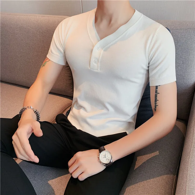 

Knitted V Neck Polo Shirt Men Korean Style T Shirt Brand New Summer Men Ice Silk Light Mature High End Polo Shirt Fashion Tees