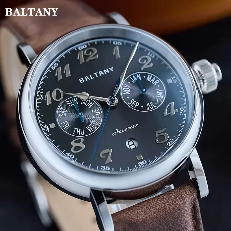 

2024 Baltany Retro Dress S6048 Автоматические механические мужские наручные часы 9122 Многофункциональные часы из нержавеющей стали и кожи для мужчин