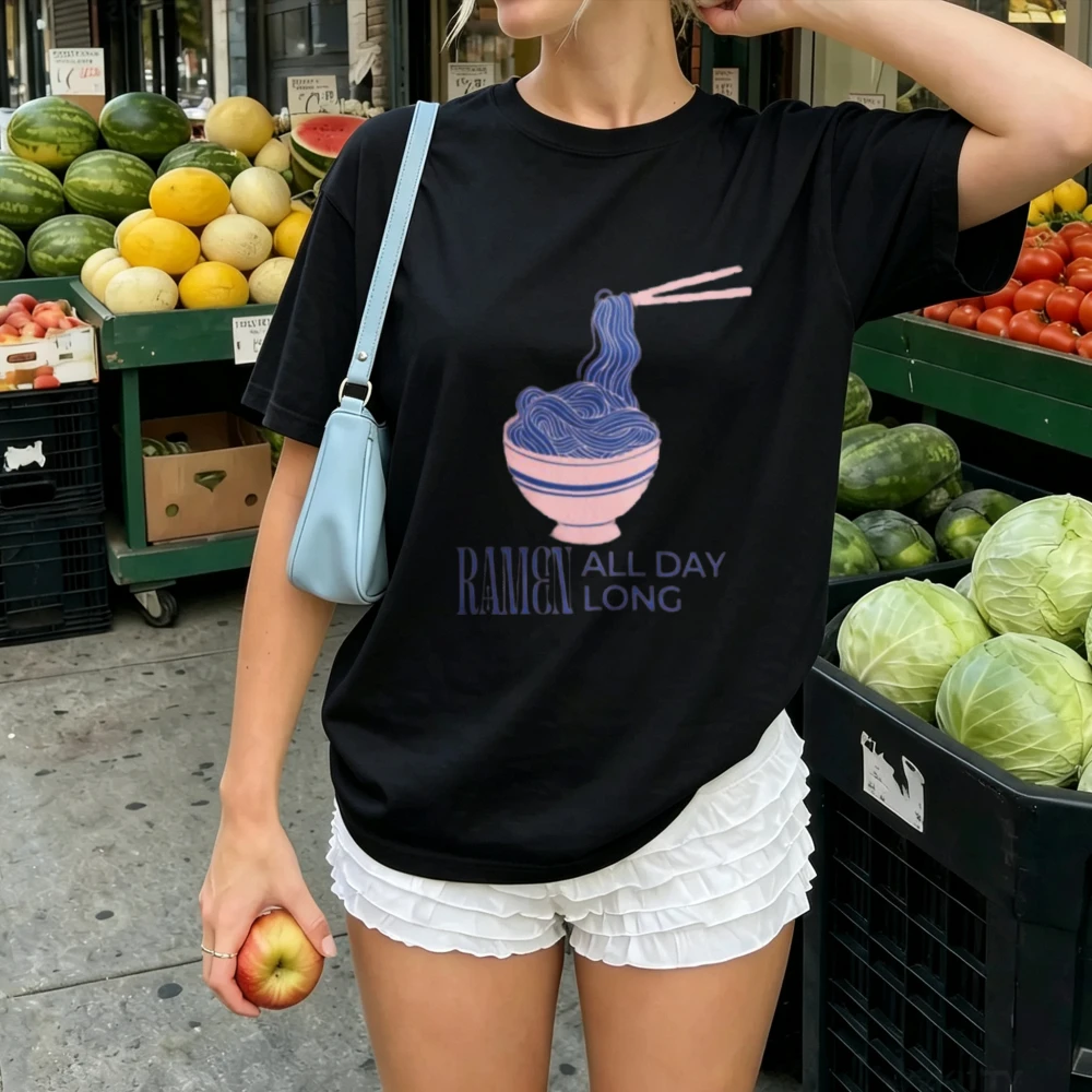 Vintage Distressed Ramen Text Print Women Tee Chopsticks Lifting Noodle Bowl Minimalist Art Cotton Japanese Cuisine Casual Tops