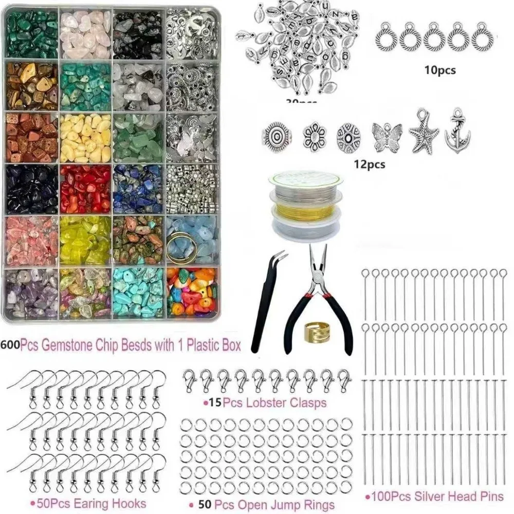 Stone Beads Jewelry Making Kit DIY Craft Irregular Crushed Stone Bracelet Making Set Charms Earring Hook Beads Jewelry Making