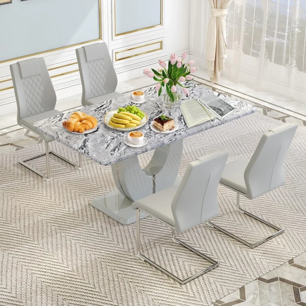 

Modern Kitchen and Dining Table Set,Table And Chairs Set Of 4 With Faux Mareble Table Top, 8 Faux Pu Leather Chairs