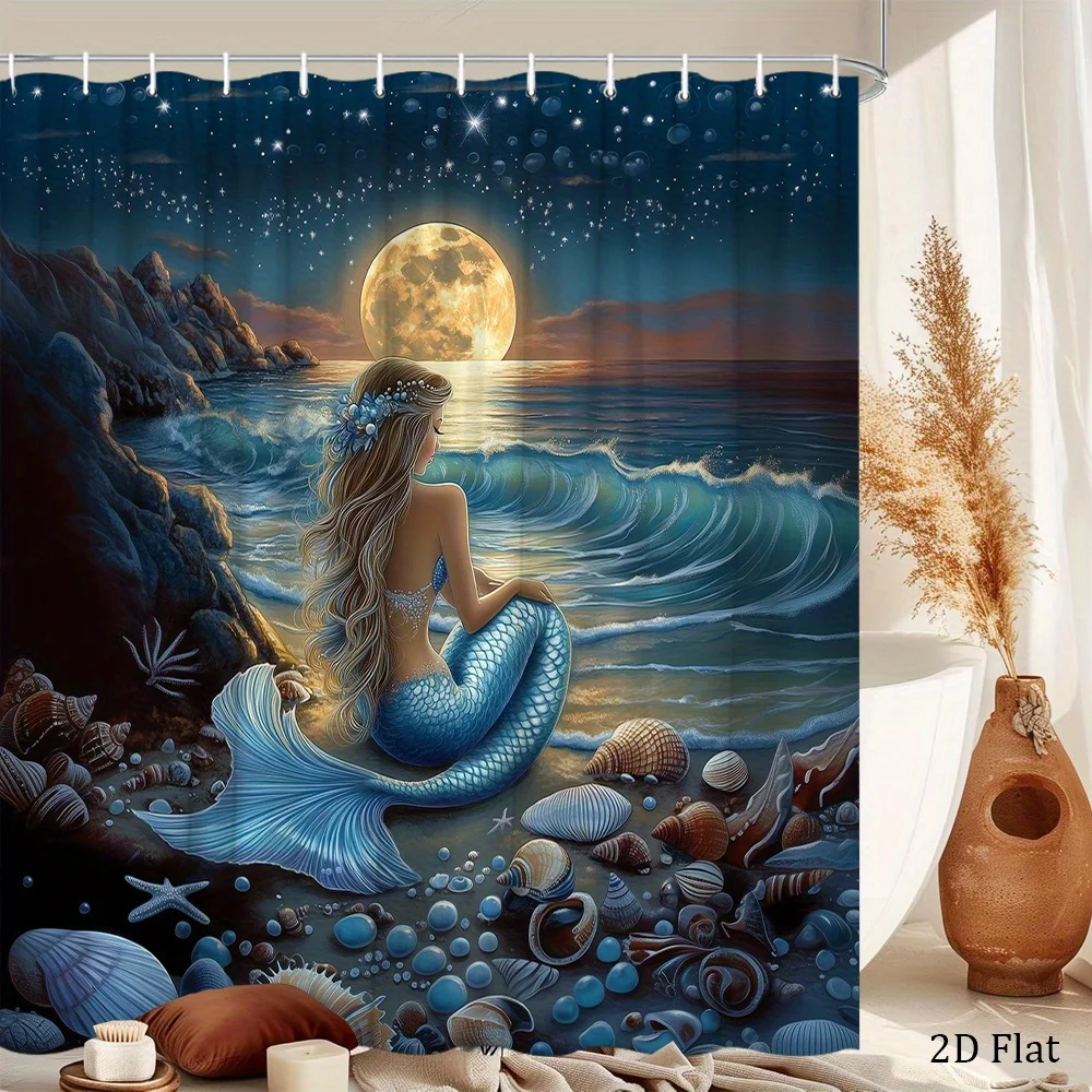 1pc a Mermaid Shower Curtain Featuring Long Blonde Hair And a Blue Tail, Looking at a Full Moon Above The Ocean, Creating a Calm