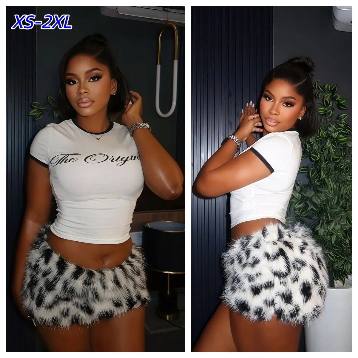 Y2k Retro Fashion Women Clothing Summer New Two Piece Outfits Short Sleeve Crop Top Fur Color Blocked Sexy Hip Hugging Skirt Set