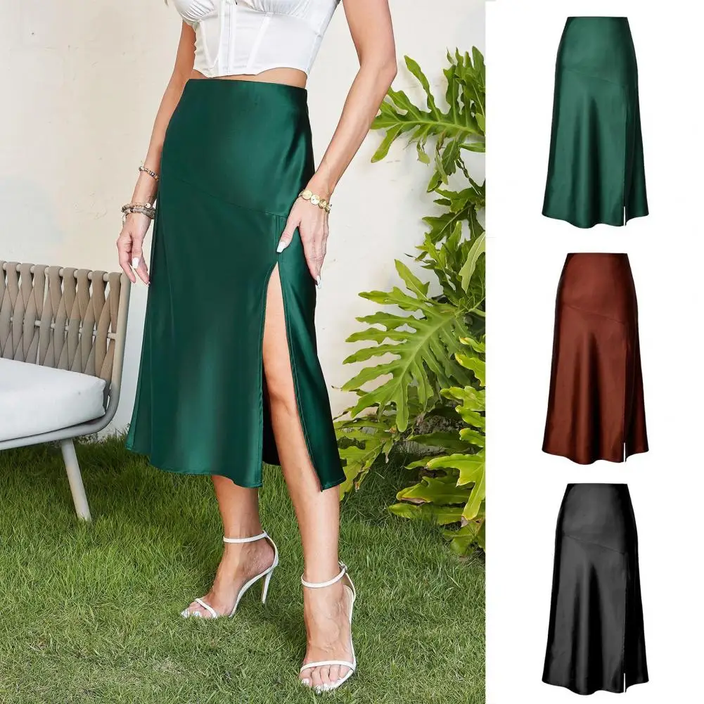 

2024 Women Silk Satin Skirts For Women High Waisted Split Hem Mid-calf Skirt A-Line Elegant Skirts Summer Midi Skirt New Korean