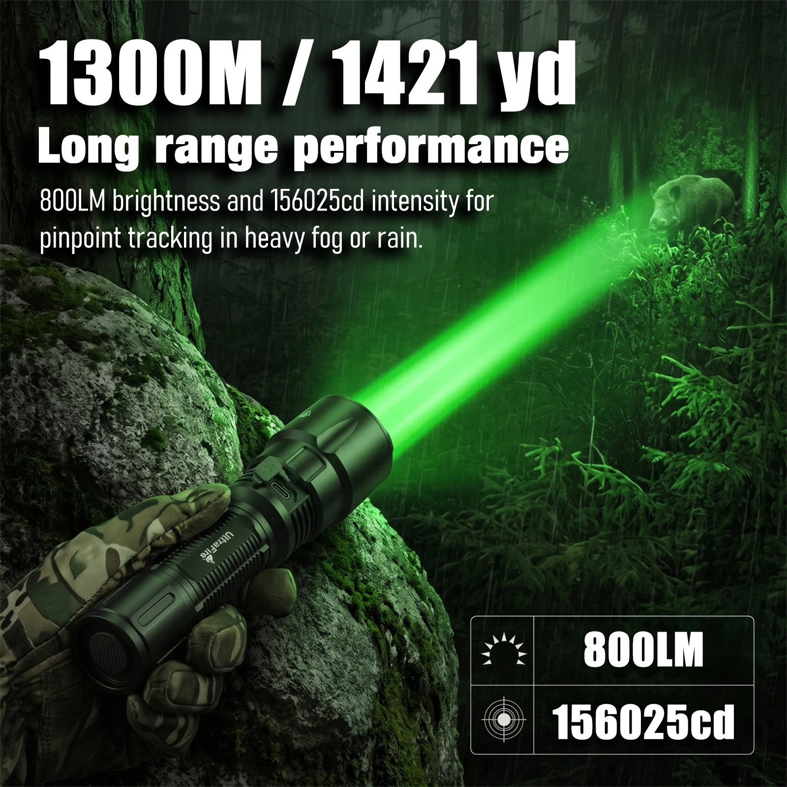 UltraFire LG20X PRO 800LM Green Tactical Flashlight 1300M Long Range Night Hunting Predator Torch IPX8 USB-C Mounts Switch Kit