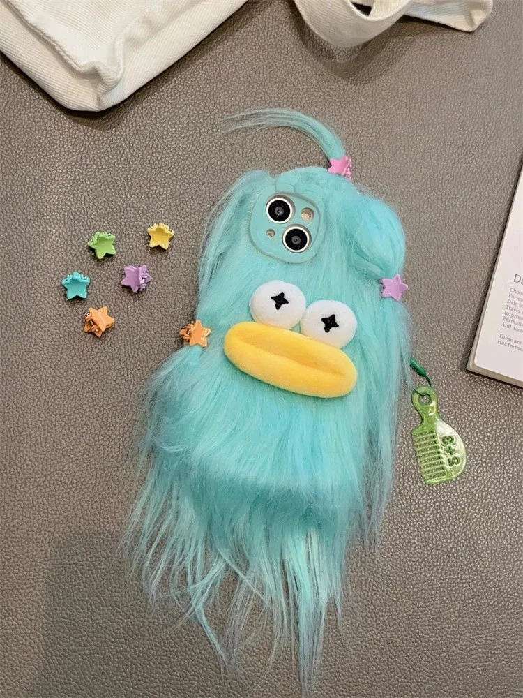 Koreanische lustige, flauschige Plüsch-Monsterhülle für iPhone 18pro 17 Pro Max 16 15 14 13 12 11, süße Winter-Warmhülle für Mädchen, weiche Fellhülle – Detail 3