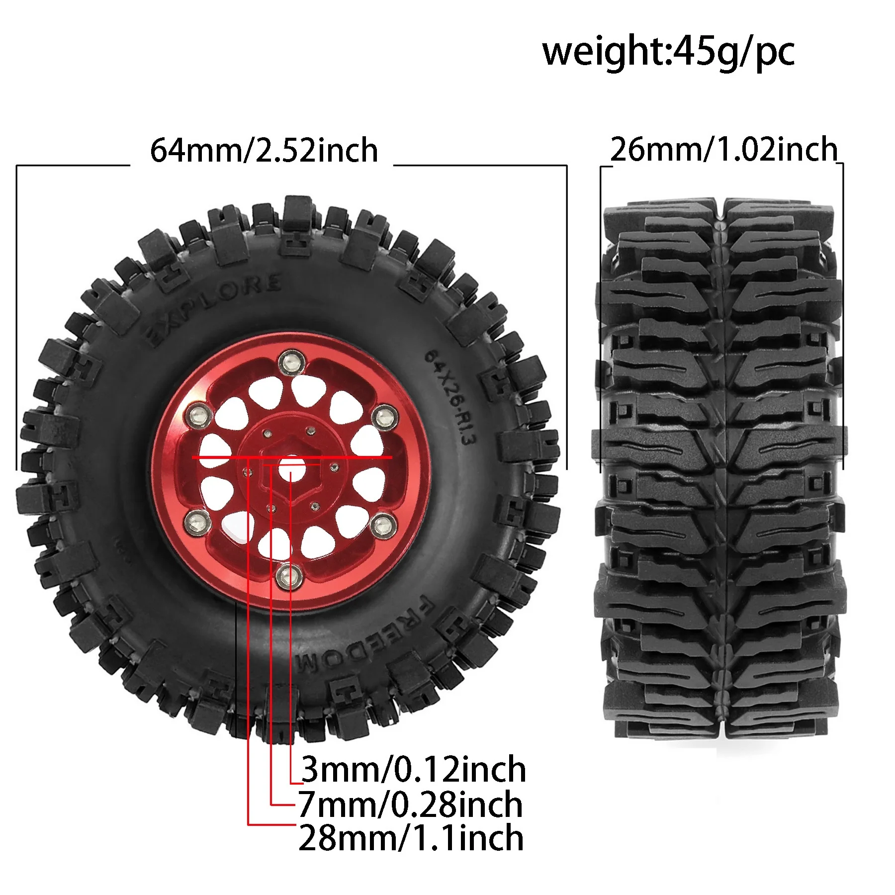 4pcs 64mm 1.3 inch Metal Beadlock Wheel and Tire for 1/18 1/24 RC Crawler Car FCX24 FCX24M TRX4M SCX24 AX24 Upgrade Parts