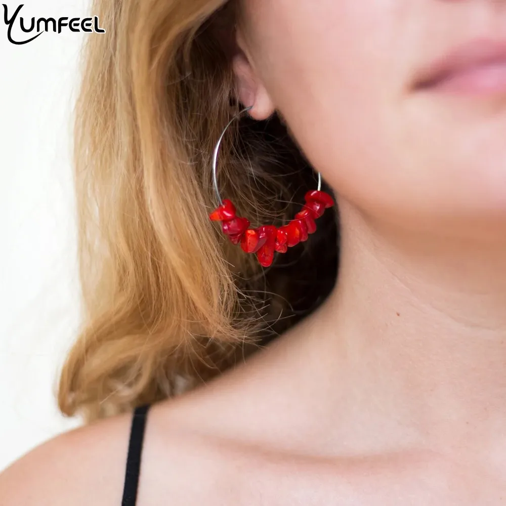 Yumfeel-pendientes de cuentas de piedra Natural en bruto, aretes bohemios de amatista, lapislázuli, Chips de cuarzo rosa, aros llamativos