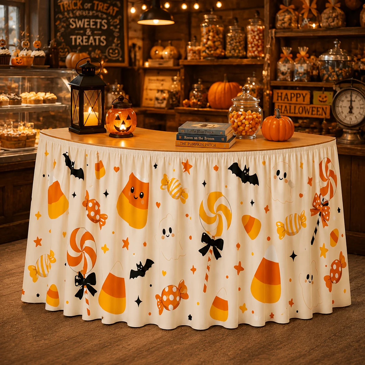 One tablecloth or table skirt. Cute Halloween table skirt. Happy face ghost. Sweet corn rotating lollipop.zyc