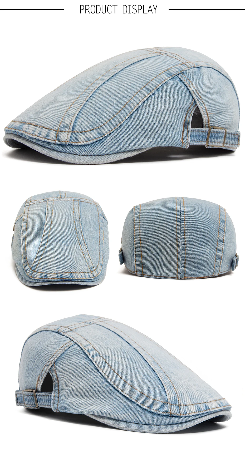 Frauen Baskenmütze Mode Denim Vintage Zeitungsjunge Mütze Für Männer Sommer Solide Gewaschen Flache Kappen Casual Weibliche Visier Hut Unisex Einstellbar – Detail 4