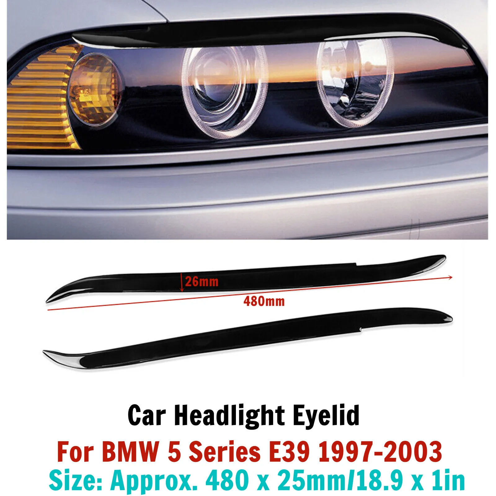 

2pcs For BMW 5 Series E39 1995-2003 Car Glossy Piano Black Headlight Eyelid Eyebrow Trim Exterior Decoration Accessories