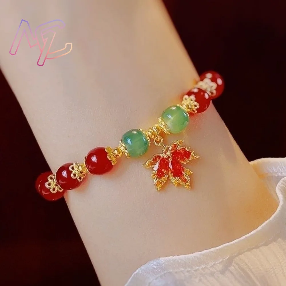 Red Natural Jade Beads Bracelet Maple Leaf Bangle Real Jewelry Fashion Gifts for Women Charm Gemstone Designer Accessories - Image 5