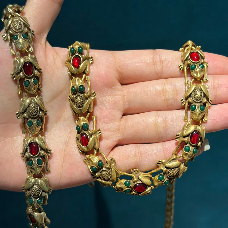 Vintage Colorful Gemstone Toad Attracts Wealth Jewelry Sets Necklace Bracelet High Quality Classic Daily Gifts Anniversary Party