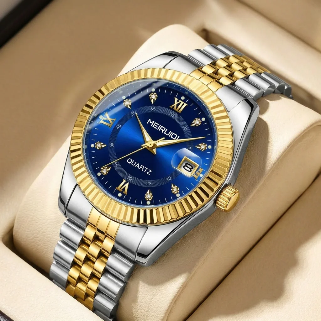 1 piece watch with two-tone strap, blue dial, Roman numeral scale, calendar display, fashionable, simple
