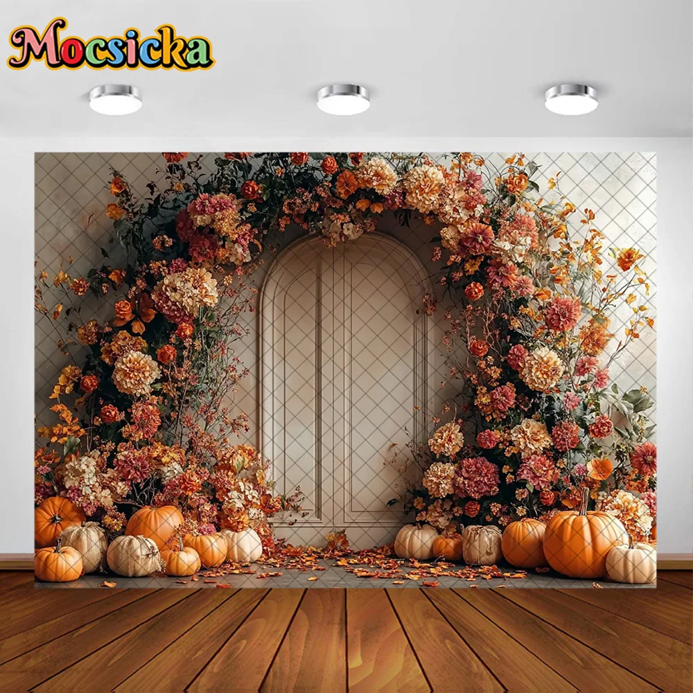 Mocsicka Photography Backdrop Autumn Pumpkin Maple Leaves Decoration Female Fall Portrait Photo Backgrounds For Photographs