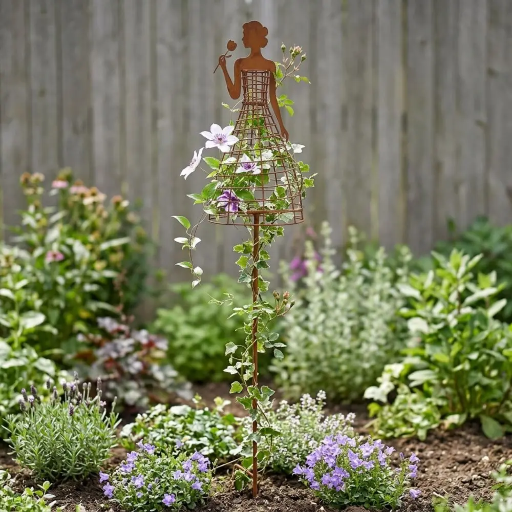 Rustic Metal Dress Lady Shape Plant Trellis Iron Art Weather Resistant Rose Climbing Bracket Rusted Finish Strong Load Bearing