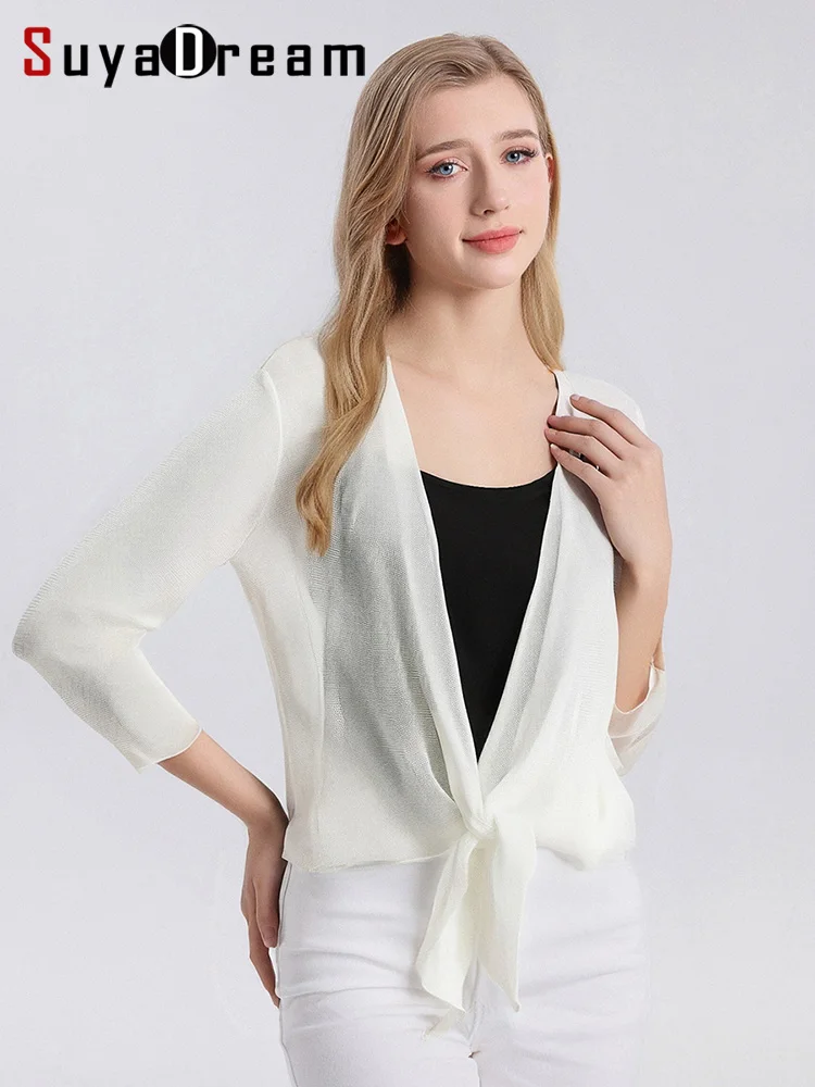 

SuyaDream,Woman Open Stitch Shirts, 100%Silk meshes, Sheer shawl Blouses, 2025 Spring Summer Cozy Top