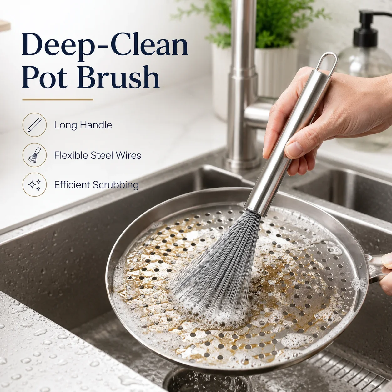Stainless Steel Kitchen Scrub Brush, Long Handle Wire Pot Scrubber, Non Scratch Hanging Cleaner for All Cookware