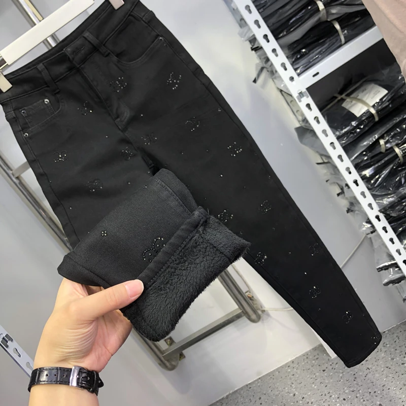 Pantalones vaqueros azules de terciopelo grueso para mujer, Jeans ajustados de cintura alta, cálidos, a la moda, invierno, 2022