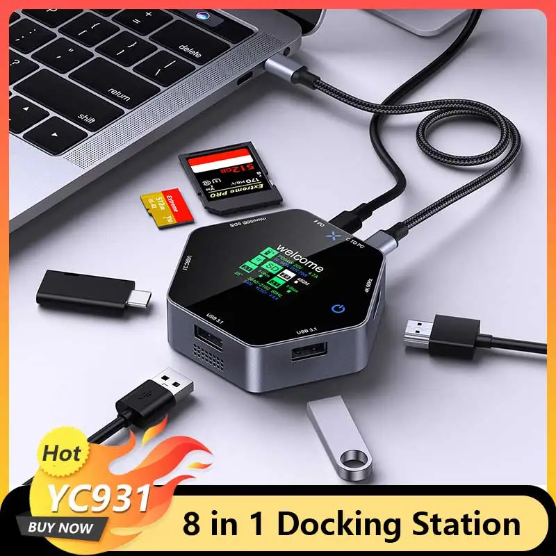 CoolFish USB HUB Docking Station Type-C Smart Display 4K 60 hdtv 8 in 1 Multi Port Hub Splitter PD Charging USB Extender