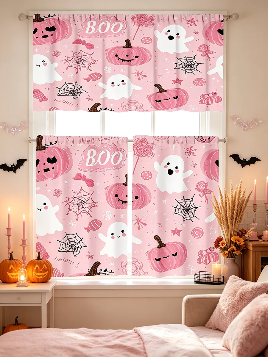 Kitchen Curtain Set, Pink Ghost Pumpkin Halloween Print, Polyester Window Drapes for Kitchen Cafe Farmhouse Holiday Decor