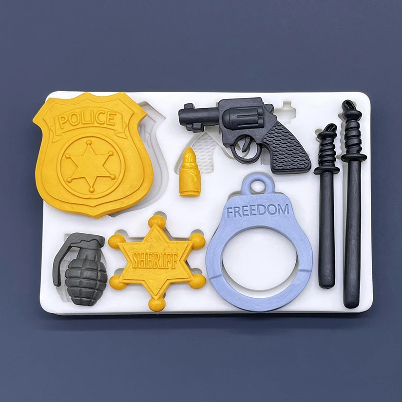 Baton Gun Handcuffs Sheriff\'s Badge Silicone Mold Sugarcraft Cupcake Baking Mold Chocolate Fondant Cake Decorating Tools