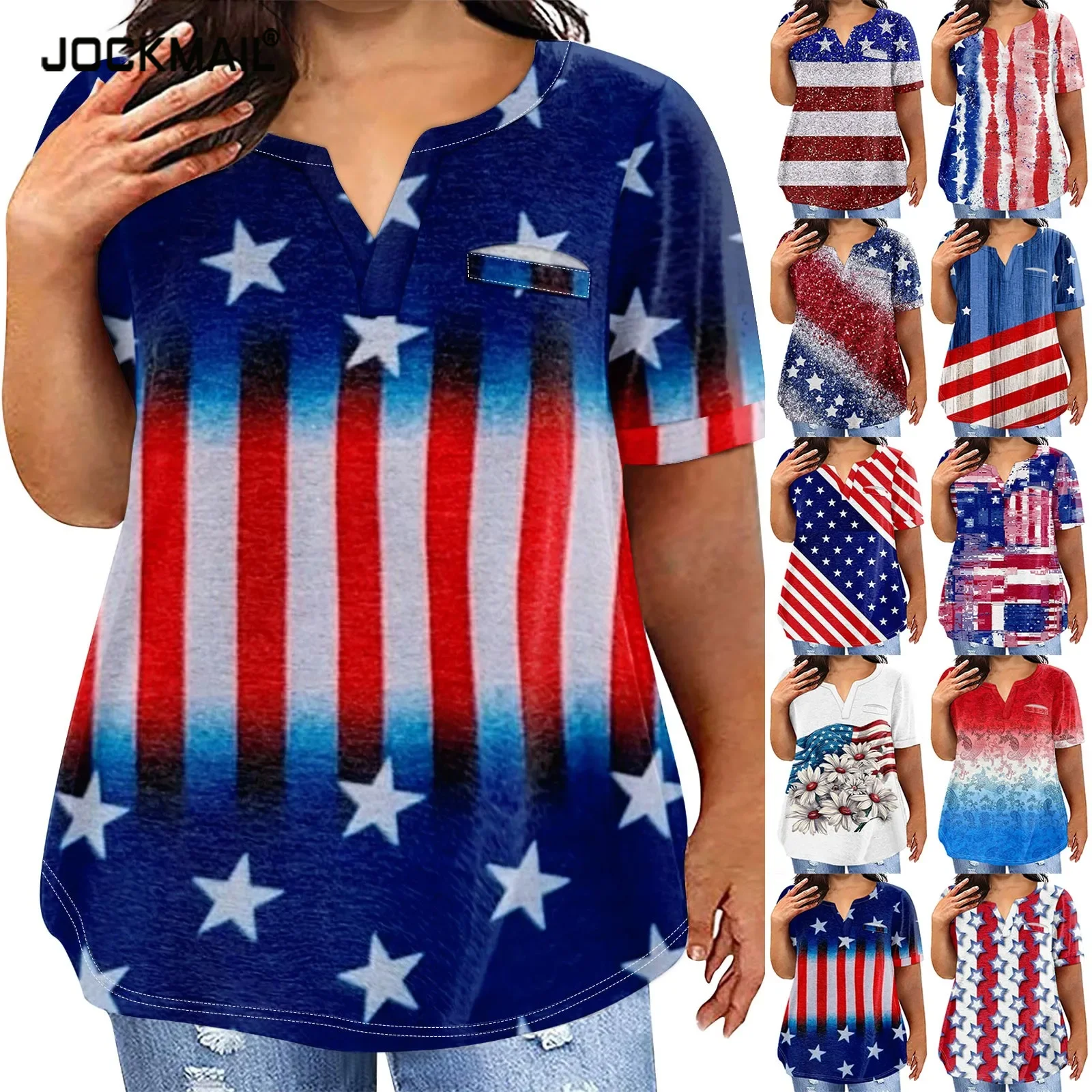 American Flag Color Block Star T-shirts 2024 Summer T-shirts Women Seamless Streetwear Short Sleeve Casual Tops Female For Ladie