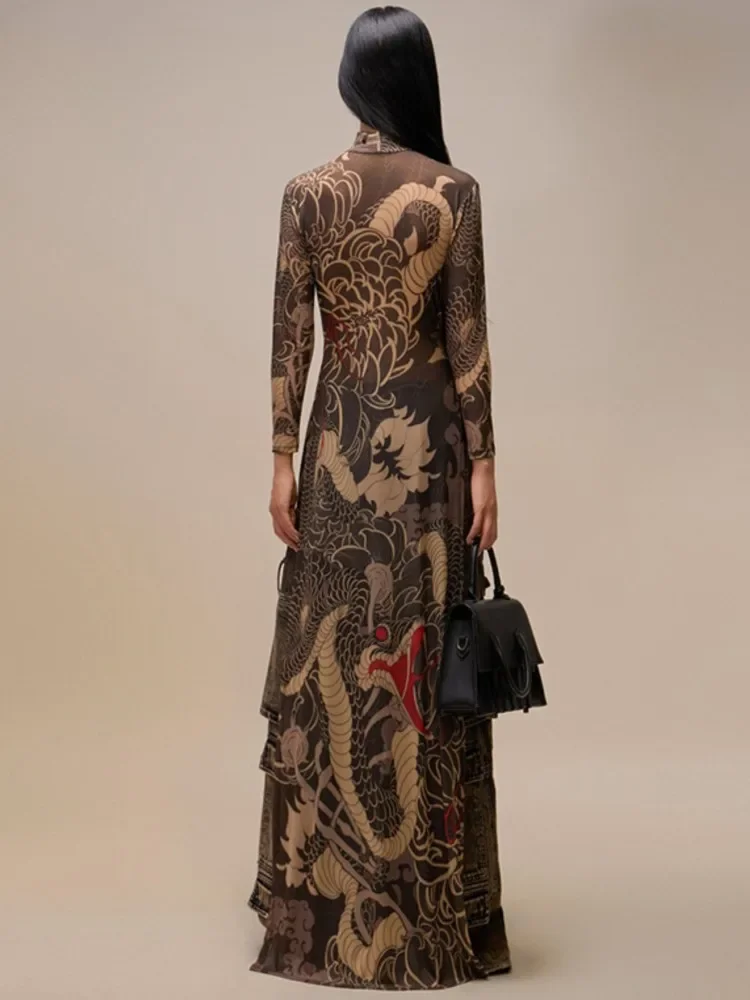 Robe longue Sexy pour femmes, coupe cintrée, Cover-Up en maille transparente, manches longues, imprimé Floral, robe Maxi de plage, fendue sur le côté, Cover-Up pour Bikini