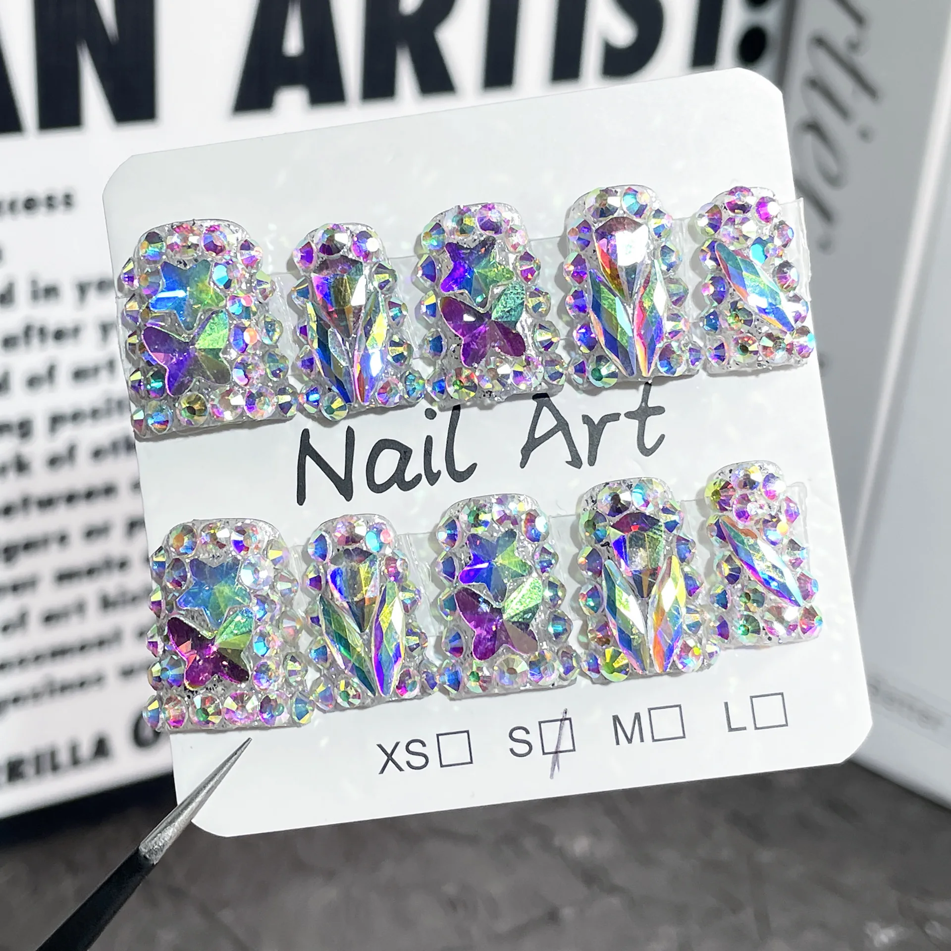 10pcs Diamond Full Cover Nail Short Duckbill Handmade False Nails Art Butterfly Design Fake Nail Set Reusable Press on Nails Tip