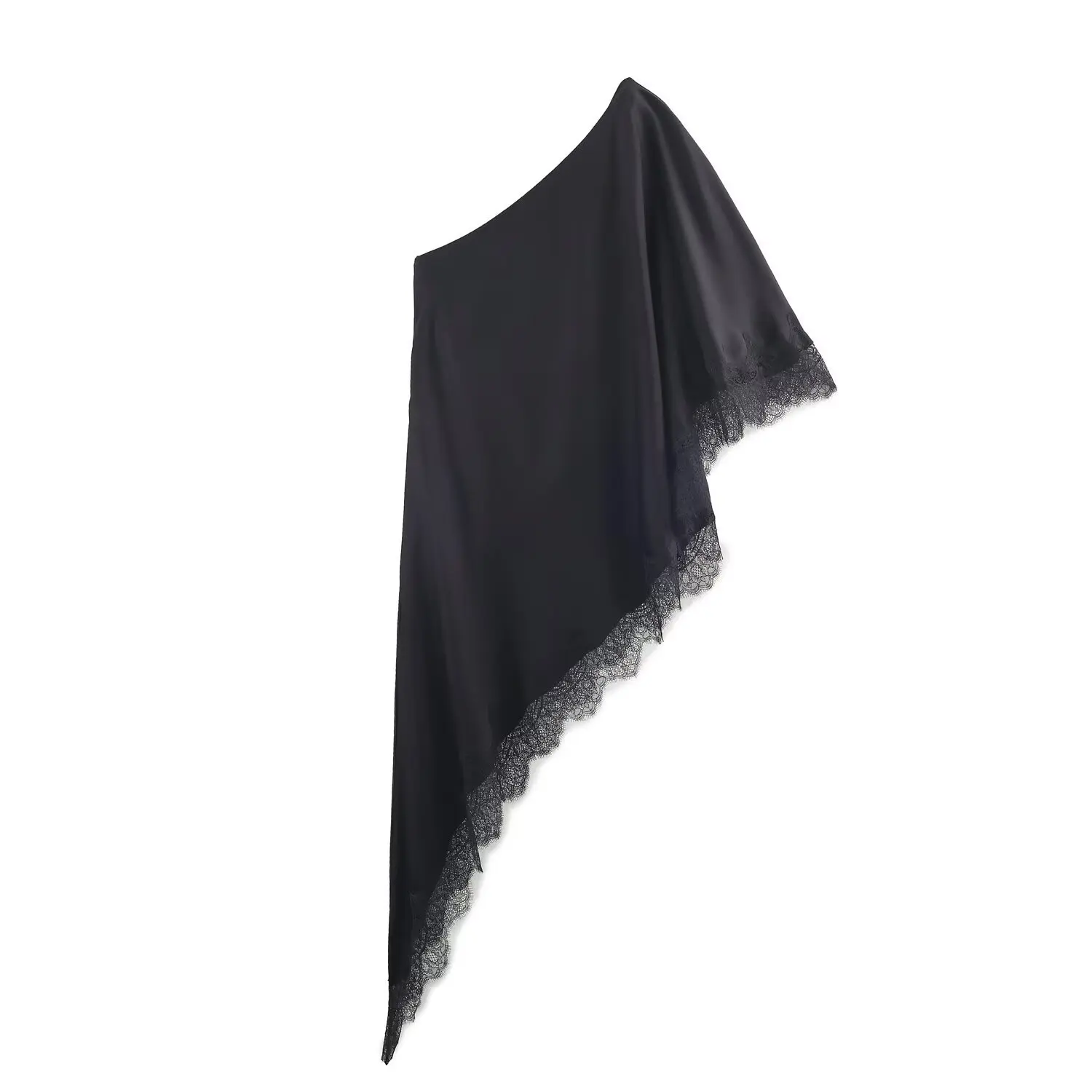 y2k 2026 Woman Casual Slim Bottoms Black Solid Spring New Fashion Loose Asymmetrical Lace Top