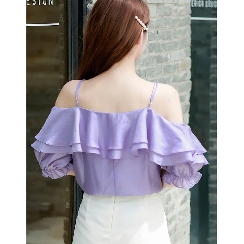 Sweet Slash Neck Ruffles Off Shoulder Beading Slip Blouses Female Clothing 2024 Summer Loose Korean Tops Princess Sleeve Shirts