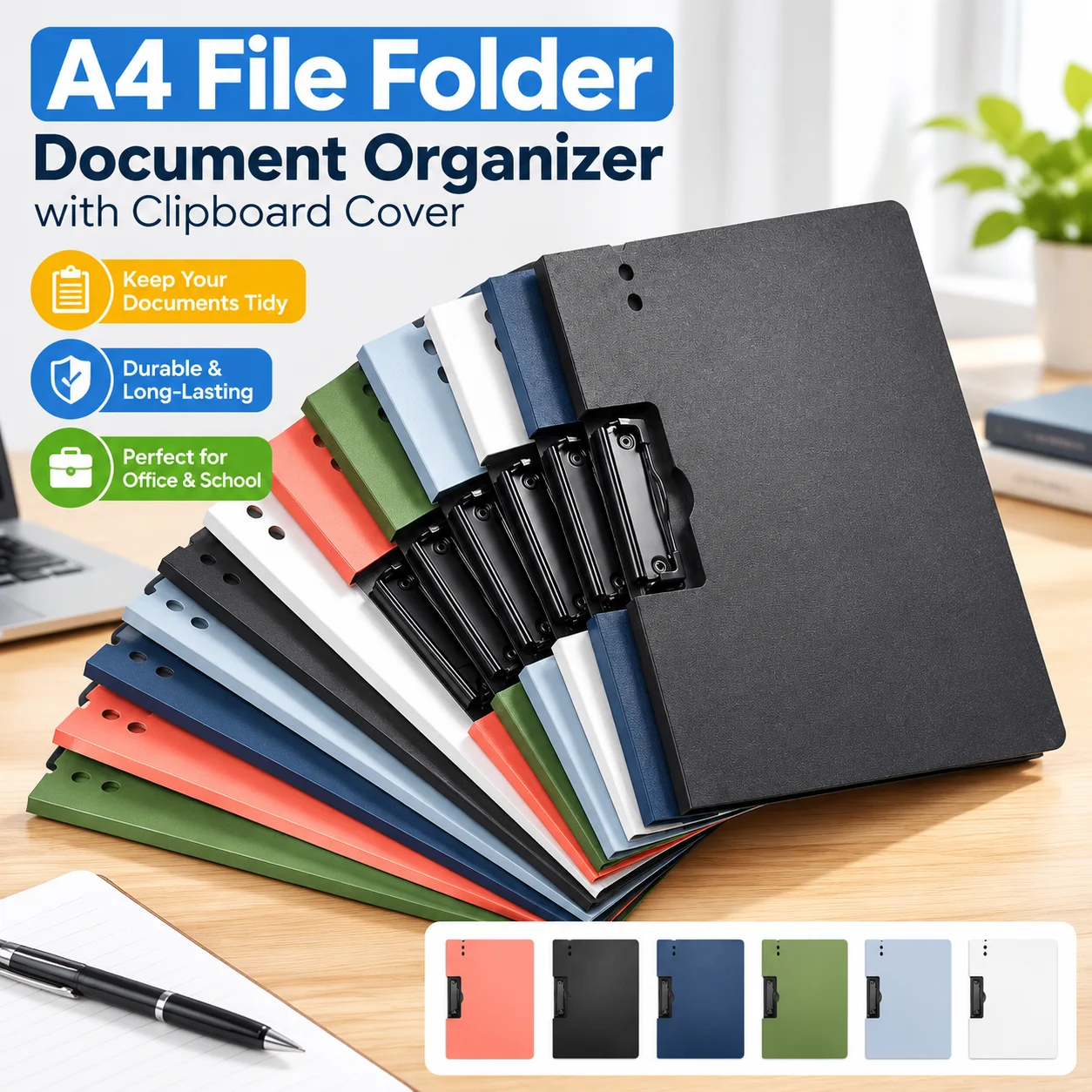 A4 File Folder Document Organizer with Clipboard Cover, Thickened Paper Holder Archive Case for Office School Writing Pad