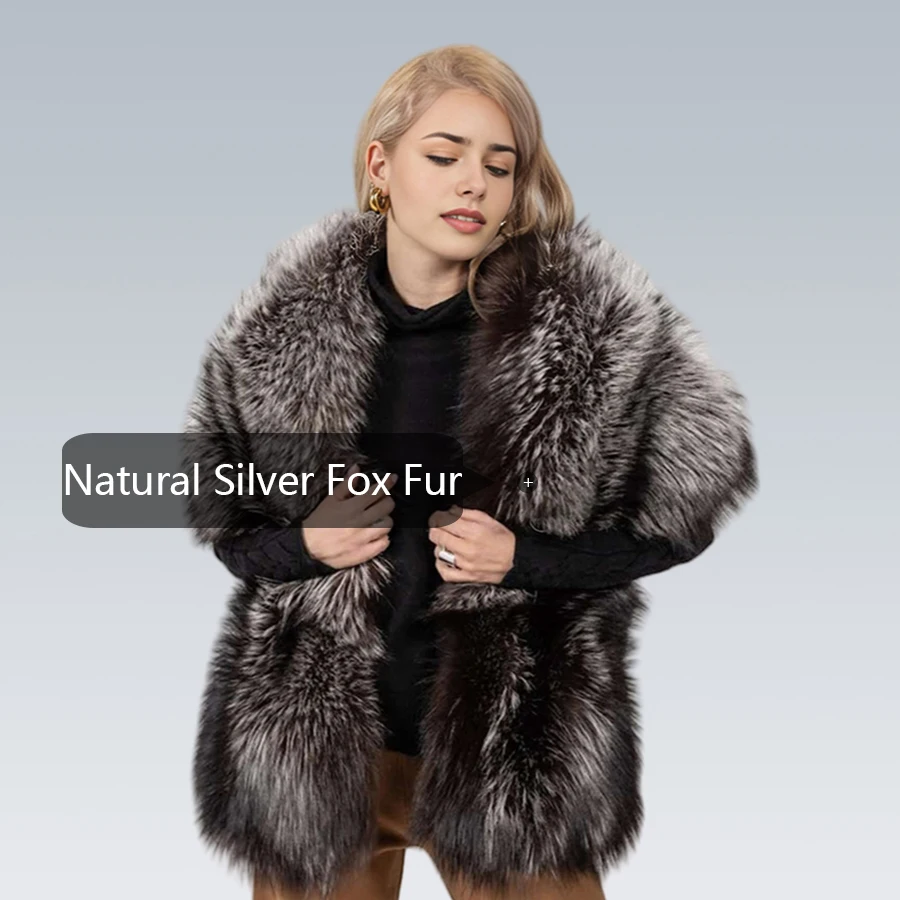 짧고 따뜻한 천연 실버 폭스 퍼 숄, 여성용 리얼 폭스 퍼 코트, 정품 퍼 케이프, 패션 럭셔리 풀 스킨 봄버 재킷