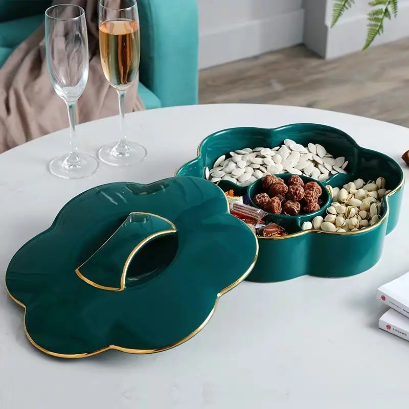 Green Ceramic Snack Platter with Cover Flower Shape Fruit Dessert Plate High Cake Stand Tissue Storage Box Rectangular Tray