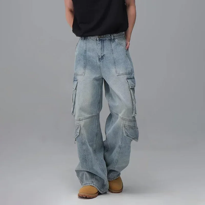 Men'S Spring And Summer Multi Pocket Workwear Design Jeans Retro Washed Japanese And Korean Casual Pants Loose Wide Leg Pants