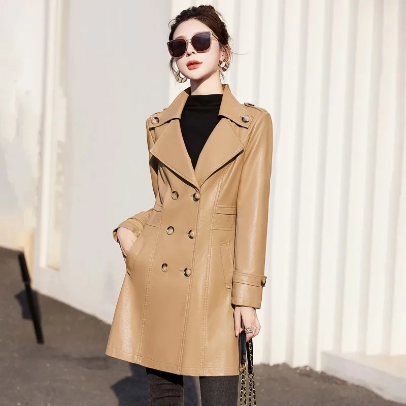 2024 New Women's Korean-Style Fashionable Slim-Fit Leather Clothing Elegant Double-Breasted Leather Wind Coat Mid-Length Outwear