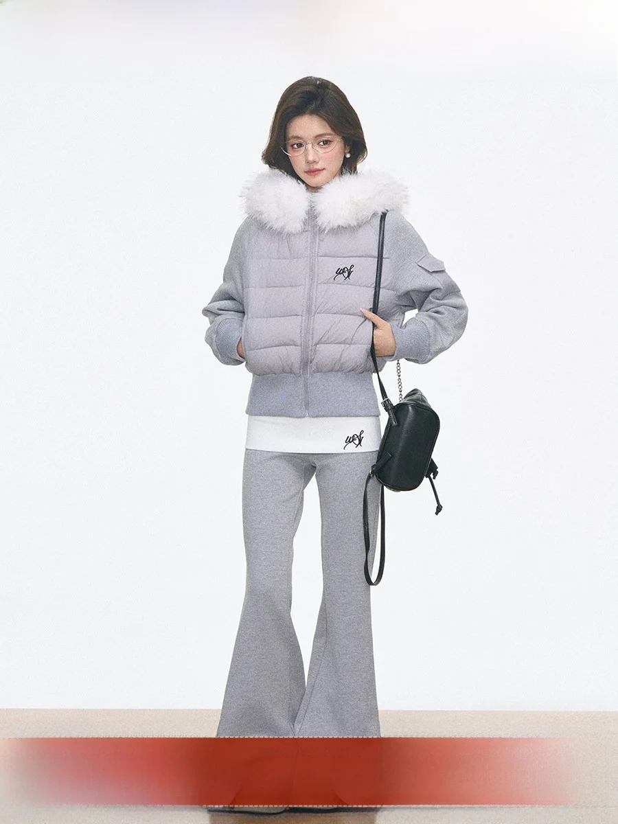 

Westayone Women's Cotton Jaet with Fur Collar Slim Fit Patchwork Cuffed Pants Korean Sle Thiened Long Sve Zipper Clo...