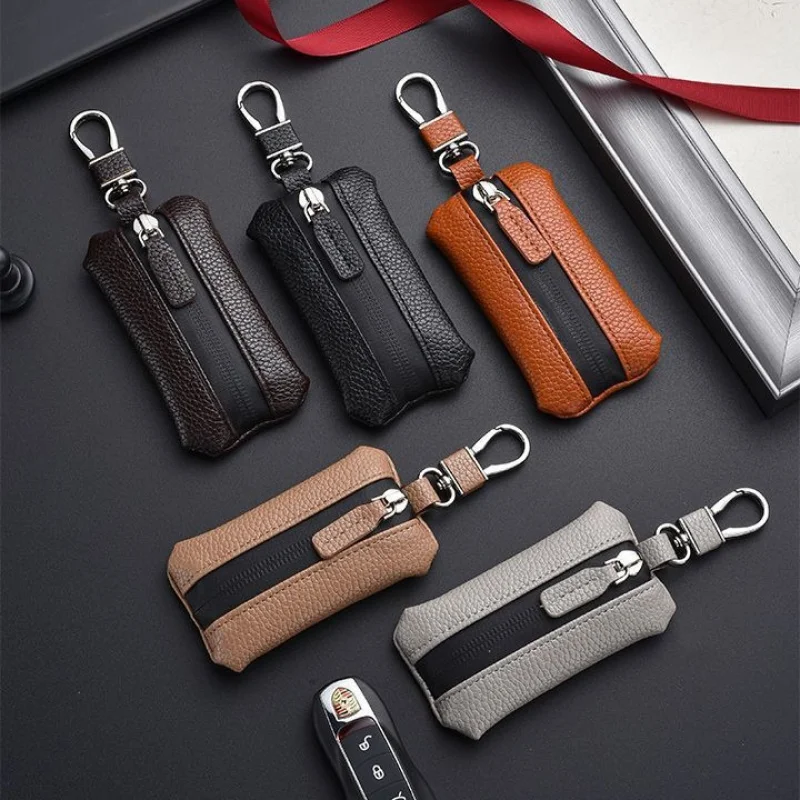 Car Keychain Black Business Car Zipper Fashion Genuine Leather Unisex Universal Key Case Protector，Genuine Leather Small Key Wal