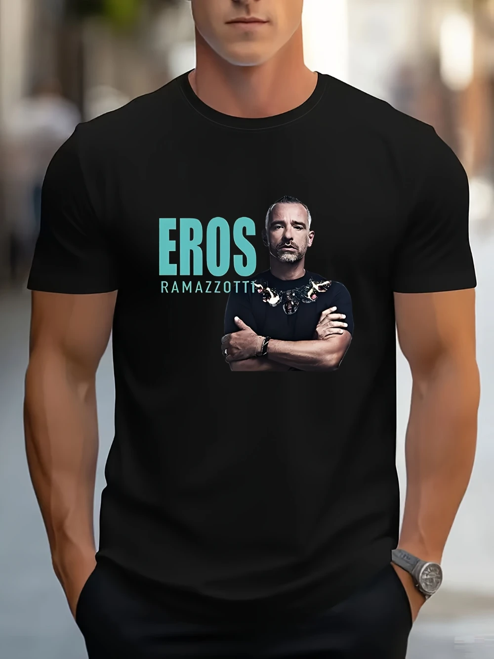 Camiseta con el logotipo y nombre de Eros Ramazzotti - Camiseta clásica de color verde azulado unisex de manga corta, ropa informal con cuello redondo para fanáticos de la música