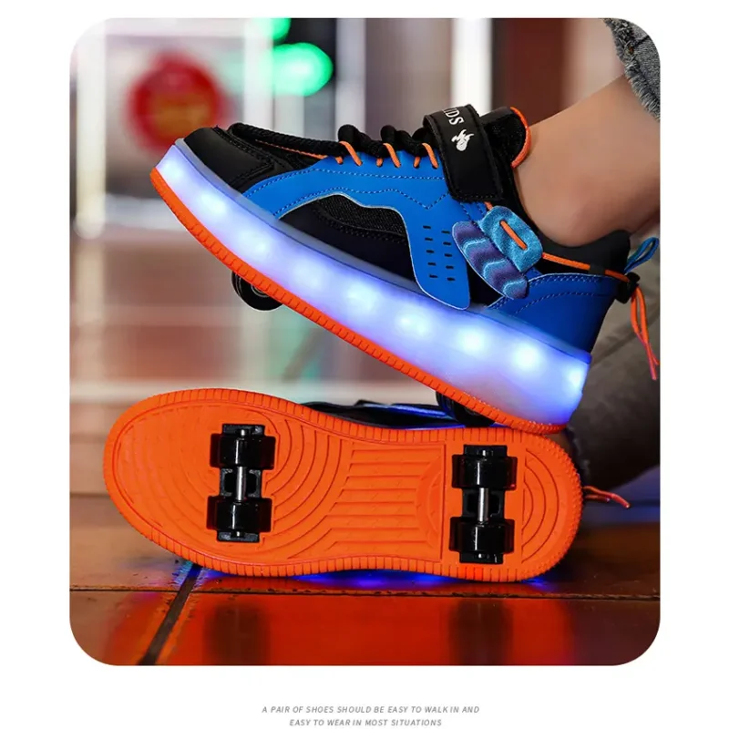 Children's Two Wheels Luminous Glowing Sneakers Heels Pink Led Light Roller Skate Shoes Kids Led Shoes Boys Girls USB Charging