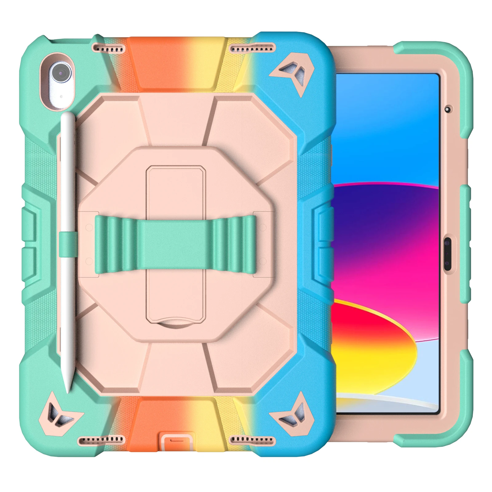 

For iPad (2025) / 10.9 (2022) Case with Kickstand Wrist Strap PC + Silicone Tablet Cover - Rainbow