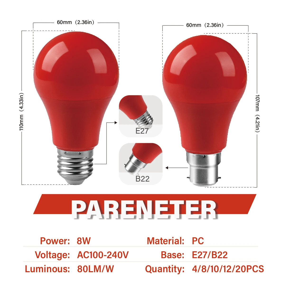 8W 640LM Red LED Color Light Bulbs AC100-240V E27 B22 Decor Lamps for Bedroom Wedding Party Courtyard Garden Stage