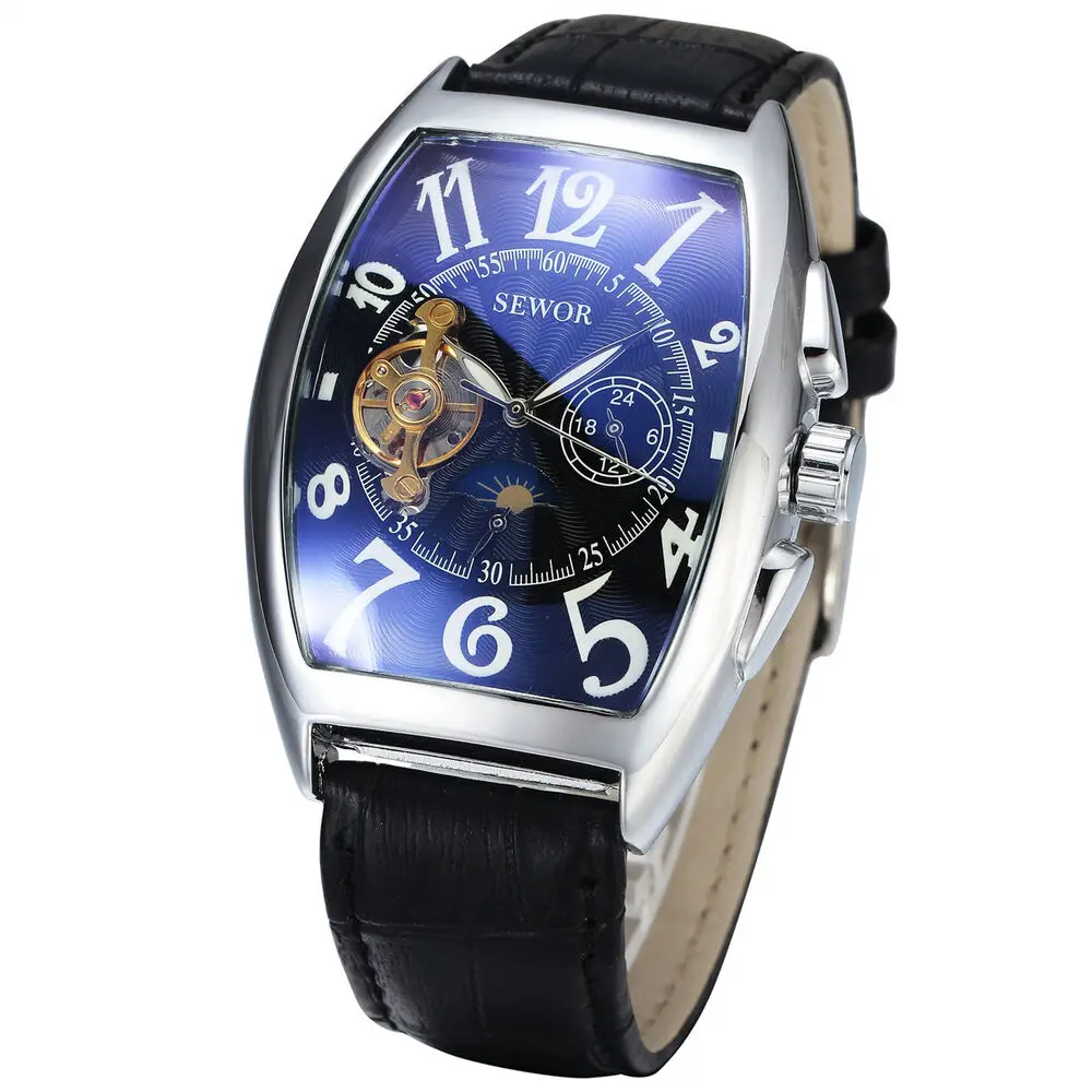 Mechanical Automatic Self Wind Wrist watch Sewor Brand Fashion Mens Tonneau Analog Watch Nice Gift