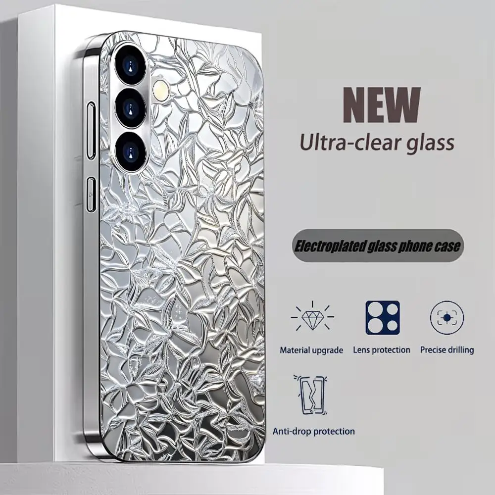 Silver Embossed Floral Electroplated Glass TPUphone case for Samsung Galaxy S26 S25 S24 S23 S22 S21 FE,Ultra,Plus Drop resistant