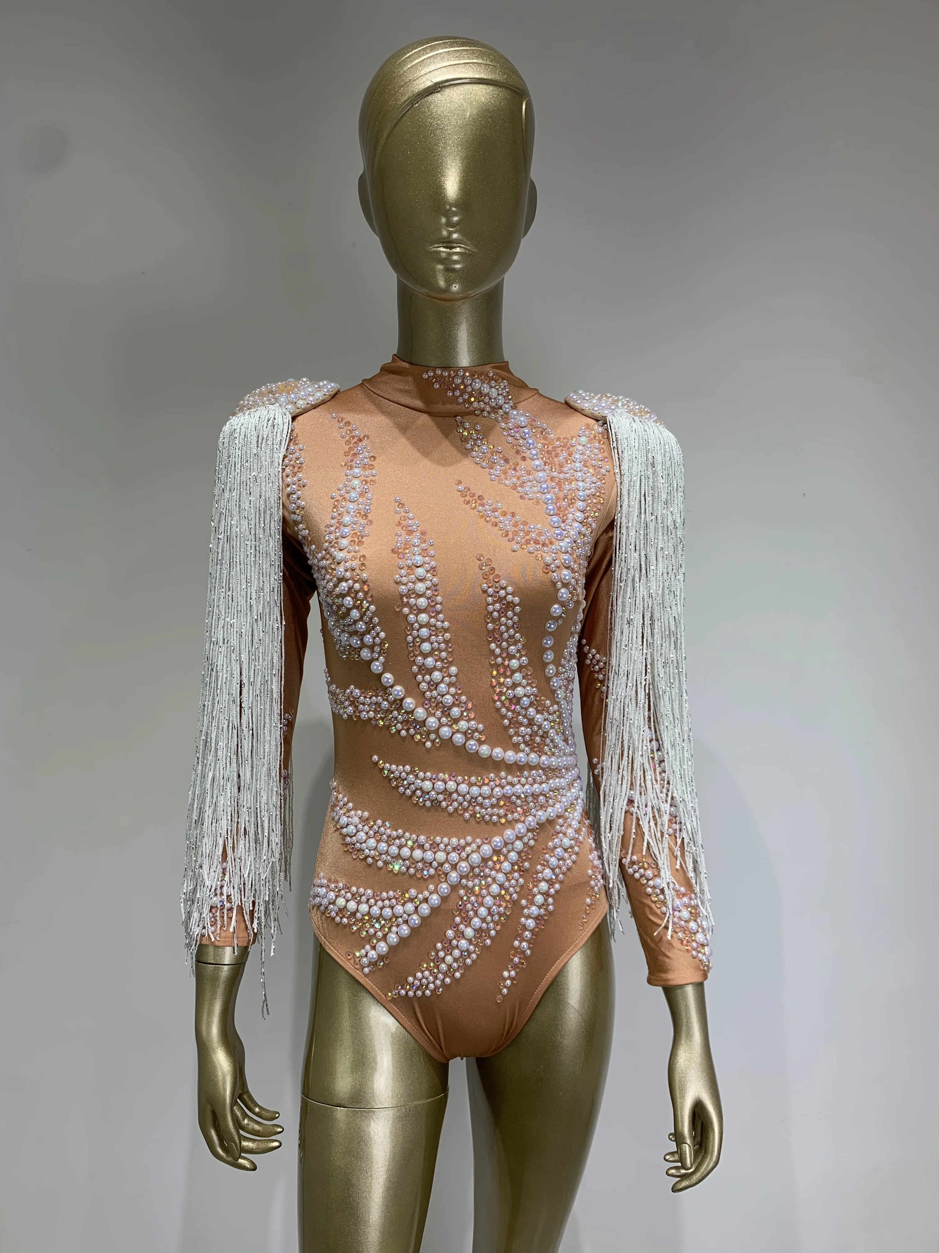 Women Sexy Stretch Rhinestone Pearl Tassel Long Sleeve Bodysuit DJ Female Singer Dancer Night Club Stage Performance Dress