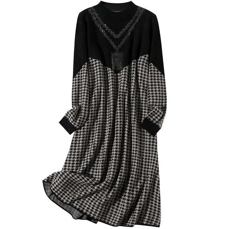 Fall Winter Fashion Elegant Chic Houndstooth Diamonds Party Knitted Sweater Dresses for Women Long Sleeve Slim Basic Midi Dress