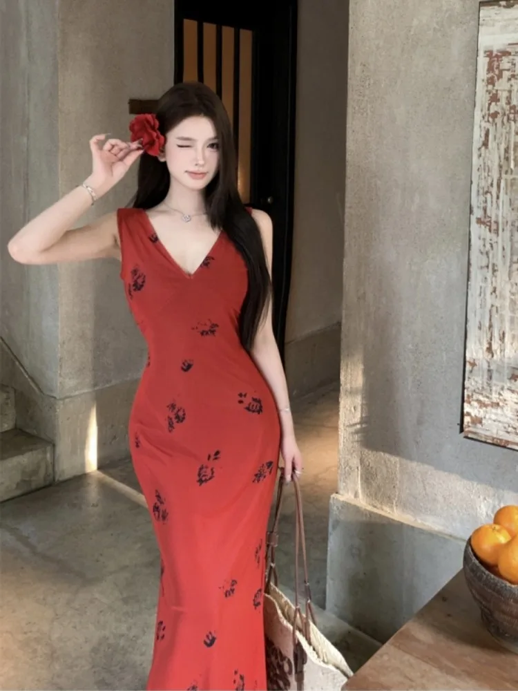 

Red V-Neck Wrap Body Long Dress Women's Retro Print High-End Sexy Strap Long Skirt Commute Korean Style Summer Dress