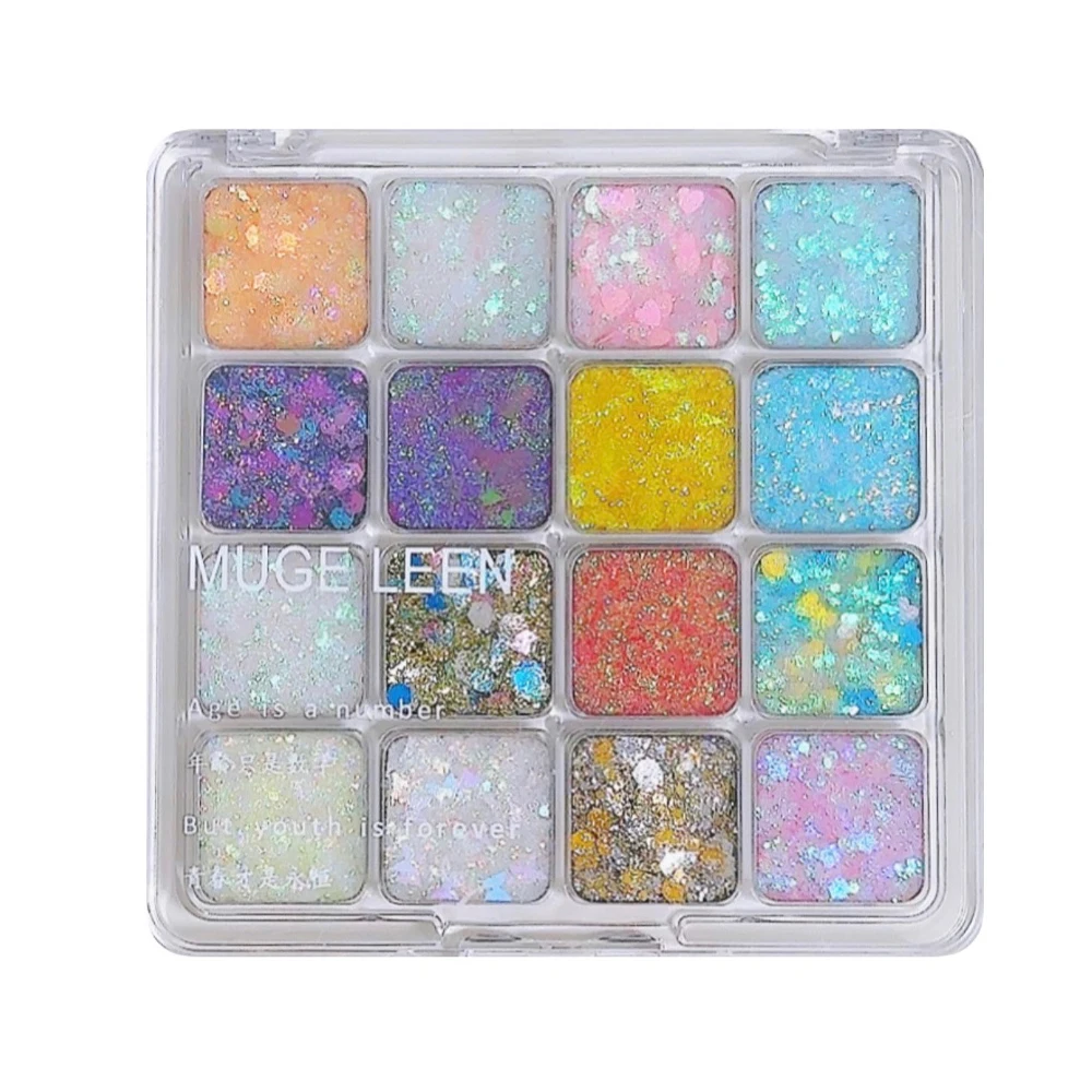 16-Color Sparkling Sequins Eyeshadow Palette Shiny Glitter Gel Self-adhesive High Gloss Body Face Hair Makeup Stage Performance gallery 5